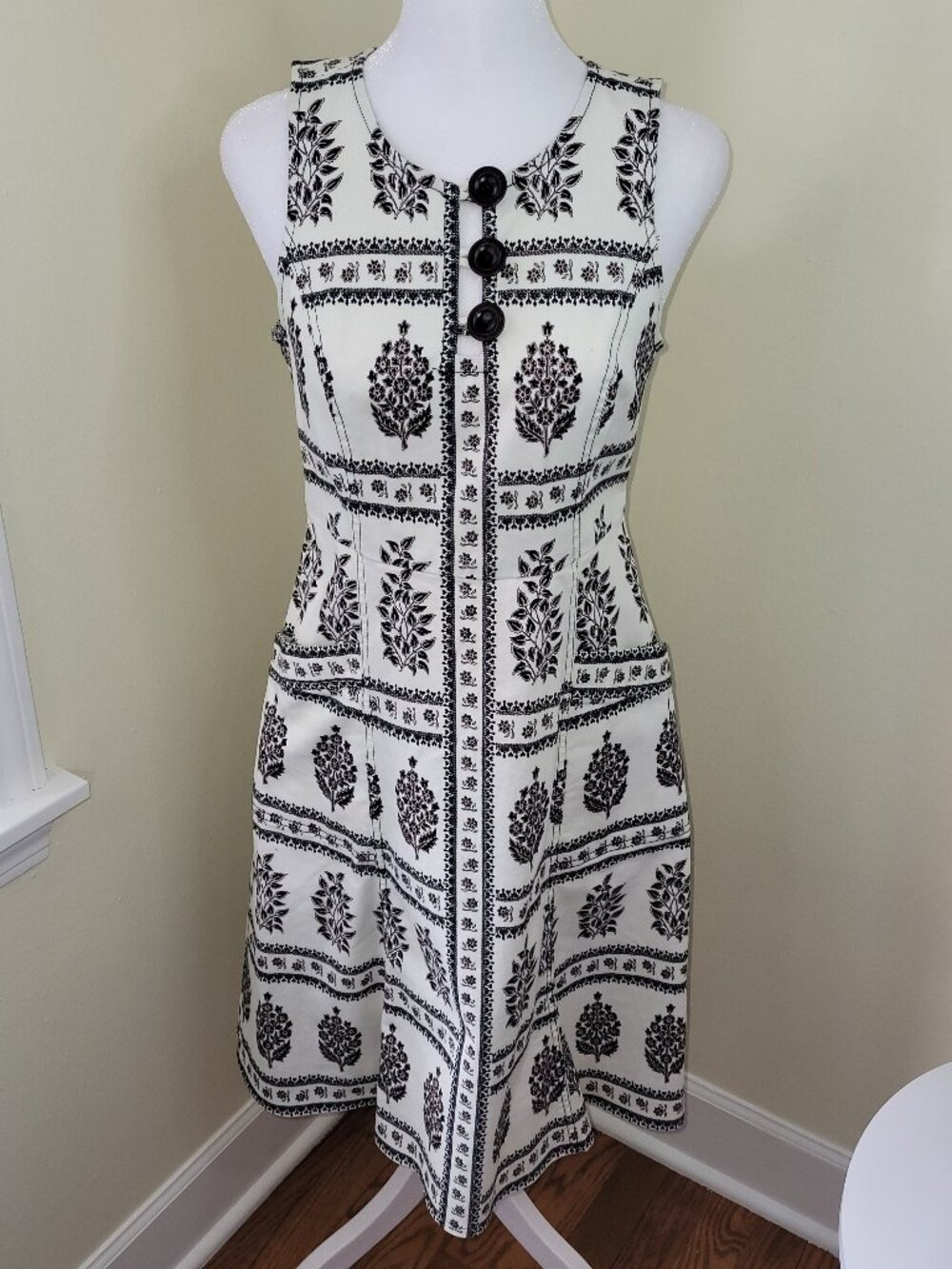 Anthropologie Woodblock Floral Midi Dress Ivory W/ Black & Tan Design Size 4P